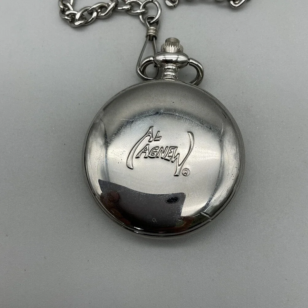 Al Agnew Pocket Watch Men 47mm Silver Tone Wolf Art Full Hunter Chain